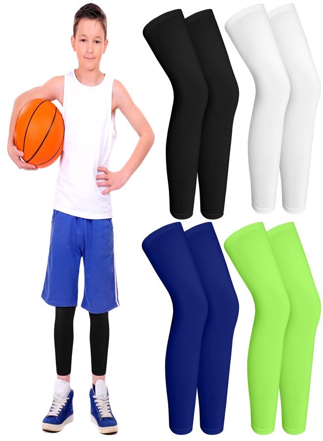 Geyoga 4 Pairs Kids Long Compression Boys Leg Sleeves Non Slip UV Protection Thigh Calf for Kids Boy Girl Youth Legs Sleeve Basketball Running Sport (Black, White, Blue, Green) - Image 1