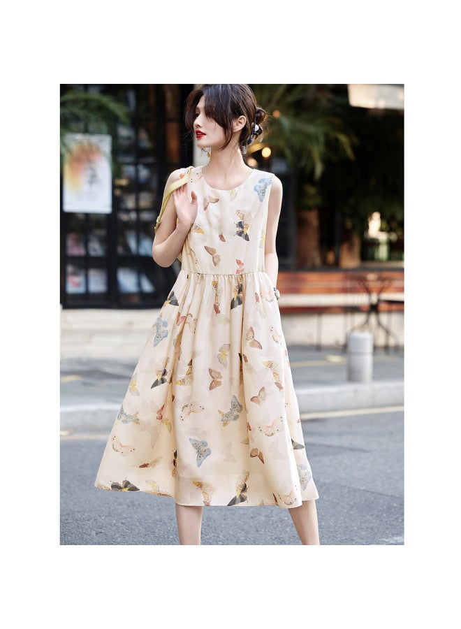 dme Demana Round Neck Faux Linen Floral Sleeveless Ladylike Midi Dress, Apricot Color, Size L  - Image 3