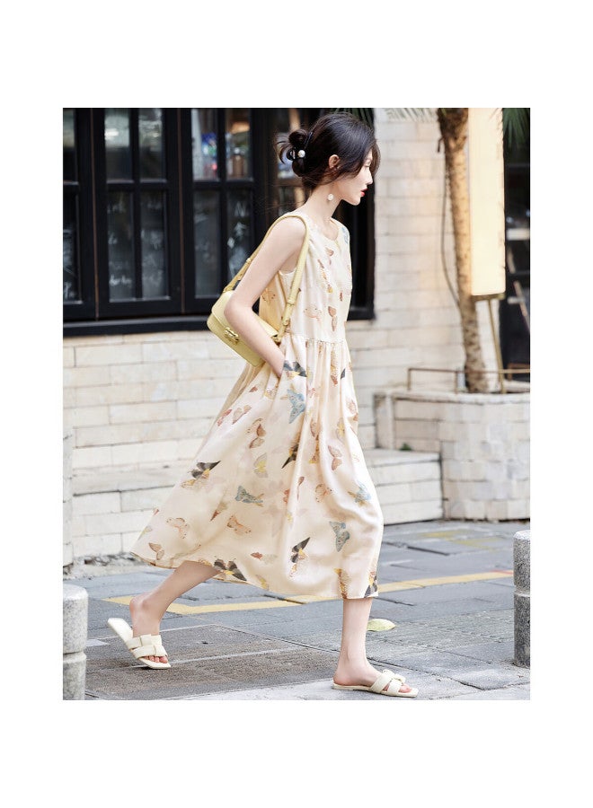 dme Demana Round Neck Faux Linen Floral Sleeveless Ladylike Midi Dress, Apricot Color, Size L  - Image 1