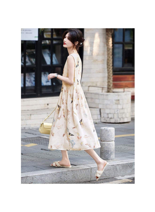 dme Demana Round Neck Faux Linen Floral Sleeveless Ladylike Midi Dress, Apricot Color, Size L  - Image 5