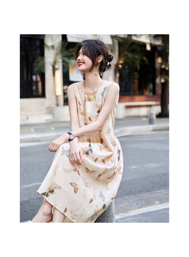 dme Demana Round Neck Faux Linen Floral Sleeveless Ladylike Midi Dress, Apricot Color, Size L  - Image 2