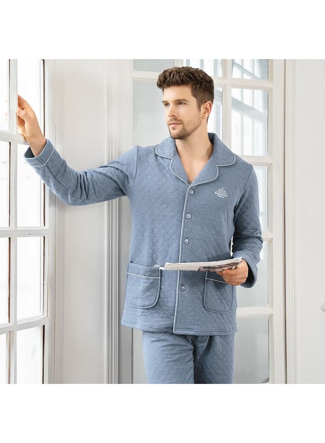 Meibiao Winter Pajamas Women Air Layer Quilted Thickened Warm Men's Pure Cotton Couple Homewear Night Sea Blue L - Image 2