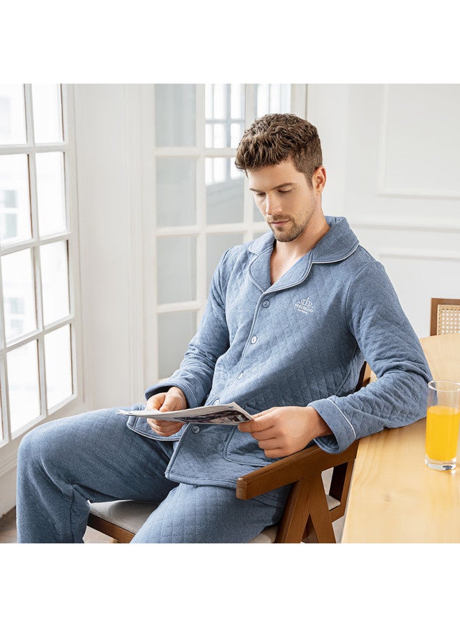 Meibiao Winter Pajamas Women Air Layer Quilted Thickened Warm Men's Pure Cotton Couple Homewear Night Sea Blue L - Image 1