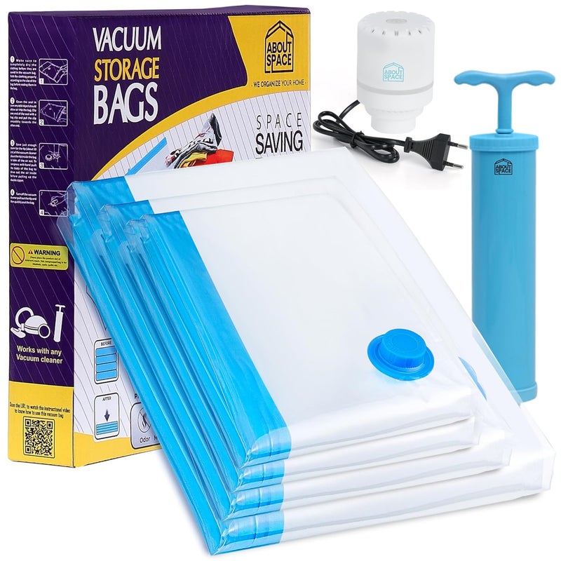 ABOUT SPACE 4 Pack Vacuum Bags for Travel with Electric Hand Pump 2X JumboX Jumbo 2 Jumbo Polyamide Polyethylene Airtight Reusable Space Saver Compression Vaccine Sealer Bags with Ziplock Blue - Image 1