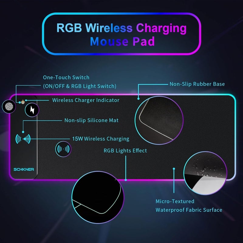 HYRAINBOW Gaming Mouse Pad with Wireless Charging, Large Mouse Pad with LED Light, Keyboard Pad with Non-Slip Rubber Base,Waterproof Desk Pad for Home Office Décor - Image 2