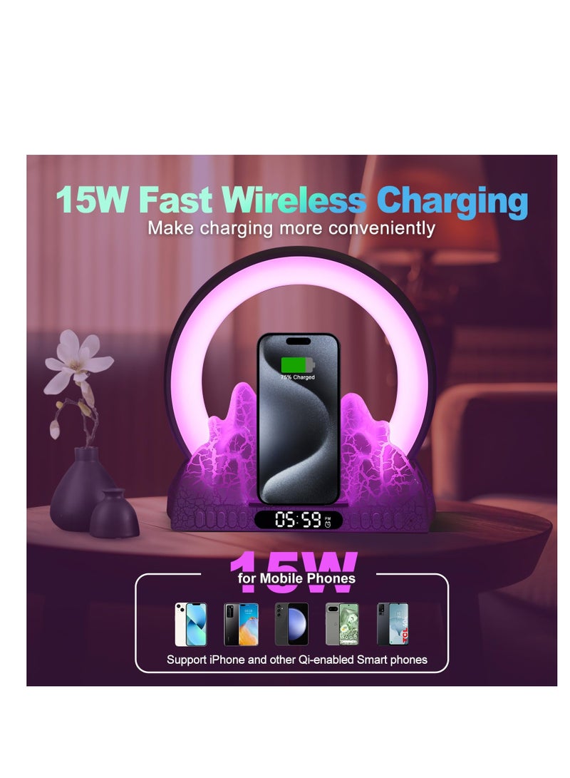 KASTWAVE مصباح أجواء، مصباح لطاولة نوم الغرفة مزود بسماعة بلوتوث، شاحن لاسلكي، منبه شروق الشمس، آلة صوتية، مصباح ليد ليلية لغرفة النوم، غرفة المعيشة، المكتب - Image 5