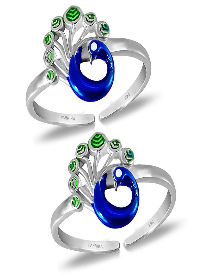 Parnika MJ Exuberant Colourful Peacock Design Toe Rings in Pure 92.5 Sterling Silver for Women | Chandi bichiya | With Certificate of Authenticity | - Image 1