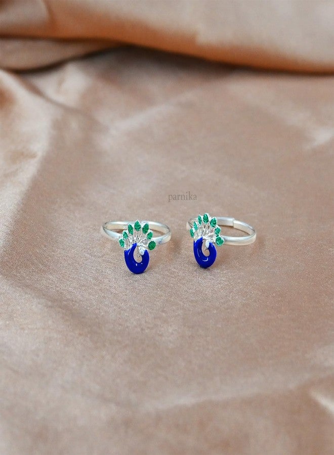 Parnika MJ Exuberant Colourful Peacock Design Toe Rings in Pure 92.5 Sterling Silver for Women | Chandi bichiya | With Certificate of Authenticity | - Image 3