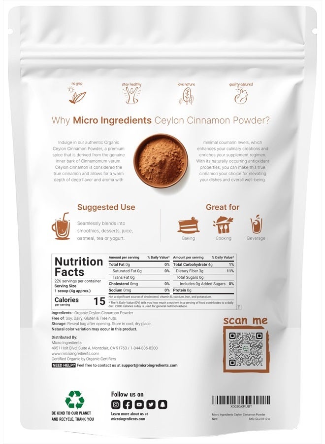Micro Ingredients مسحوق القرفة السيلانية العضوية، 2 رطل | قرفة سريلانكية ممتازة للتوابل والتتبيل | رائعة للخبز والطهي والمشروبات | خالية من الإضافات، غير معدلة وراثيًا، إمدادات بالجملة - Image 2
