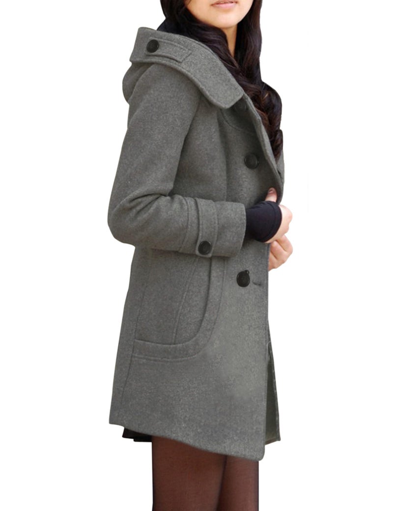 Tanming Women's Warm Double Breasted Wool Pea Coat Trench Coat Jacket with Hood (Grey-XL) - Image 4