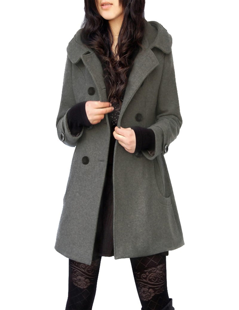 Tanming Women's Warm Double Breasted Wool Pea Coat Trench Coat Jacket with Hood (Grey-XL) - Image 1