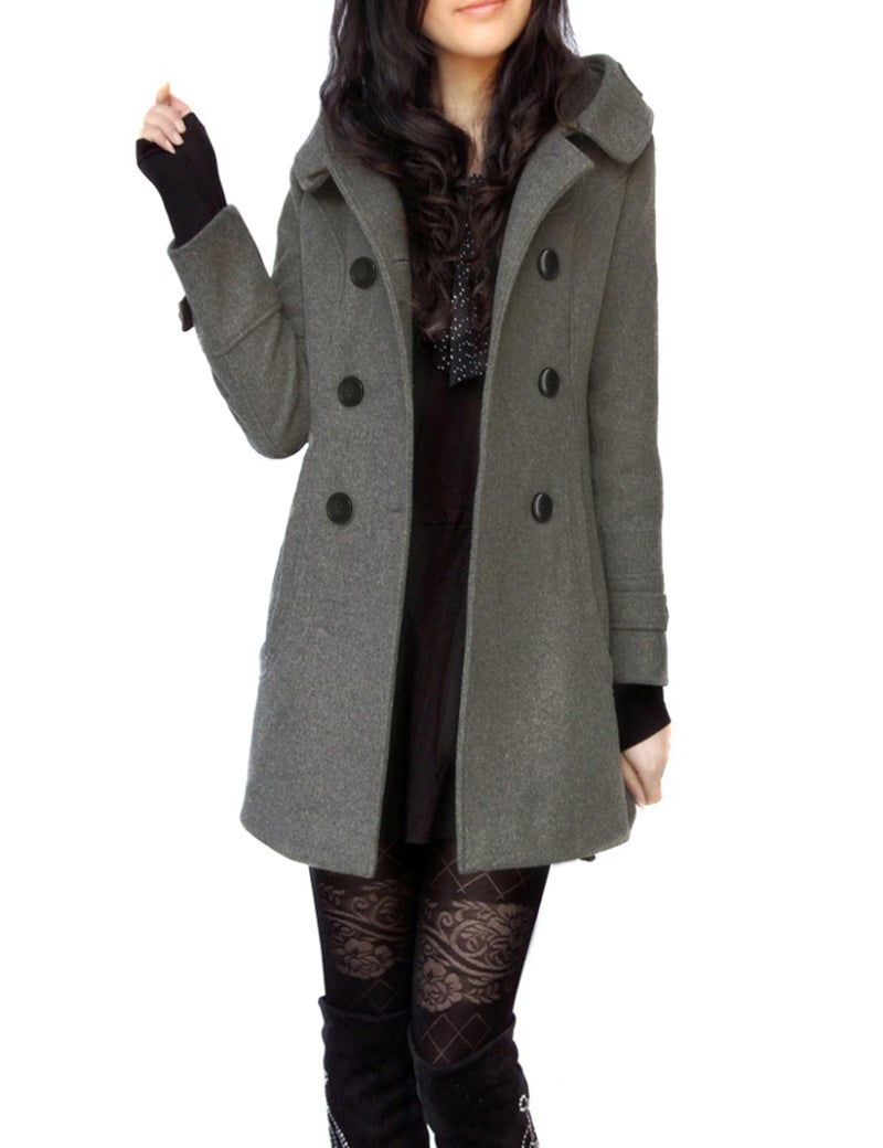Tanming Women's Warm Double Breasted Wool Pea Coat Trench Coat Jacket with Hood (Grey-XL) - Image 3