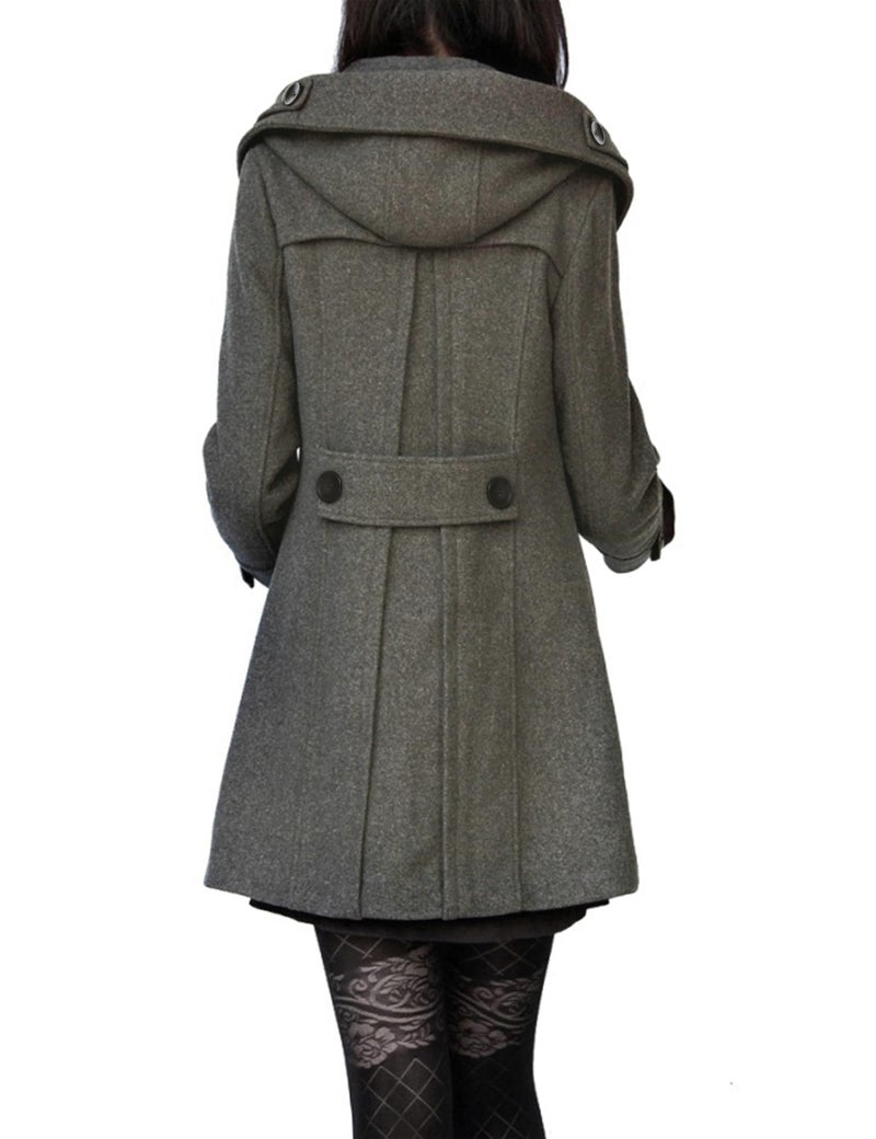 Tanming Women's Warm Double Breasted Wool Pea Coat Trench Coat Jacket with Hood (Grey-XL) - Image 2