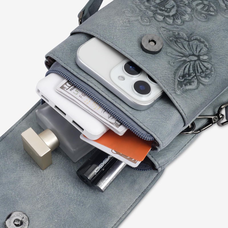 VIMUTI Small Crossbody Bags for Women Trendy Vegan Leather Cell Phone Bag Embossed Flower Design Wallet Purses with Adjustable Strap Blue - Image 4