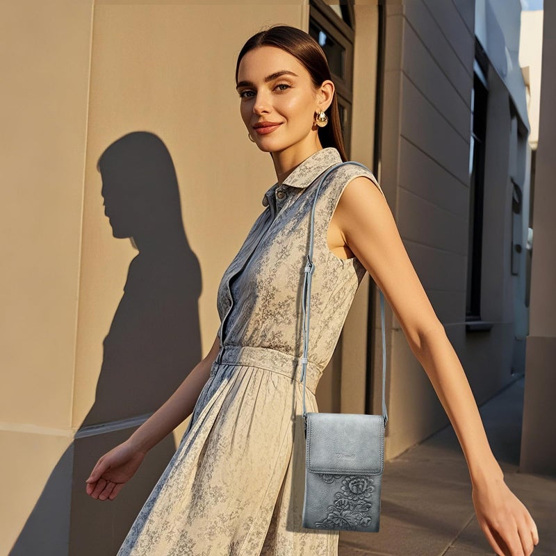 VIMUTI Small Crossbody Bags for Women Trendy Vegan Leather Cell Phone Bag Embossed Flower Design Wallet Purses with Adjustable Strap Blue - Image 3