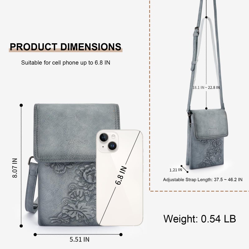 VIMUTI Small Crossbody Bags for Women Trendy Vegan Leather Cell Phone Bag Embossed Flower Design Wallet Purses with Adjustable Strap Blue - Image 5