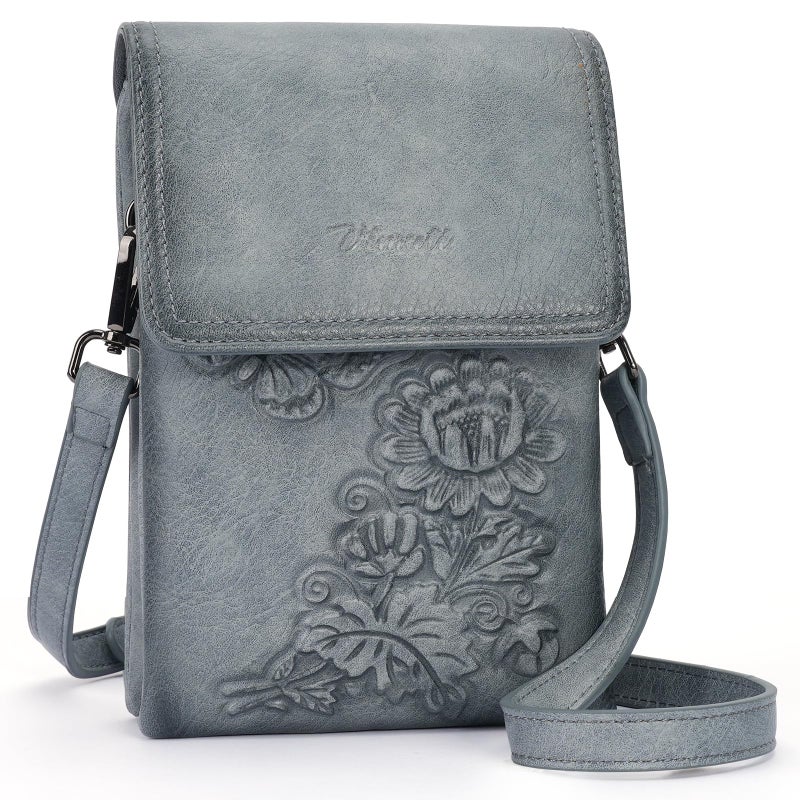 VIMUTI Small Crossbody Bags for Women Trendy Vegan Leather Cell Phone Bag Embossed Flower Design Wallet Purses with Adjustable Strap Blue - Image 1
