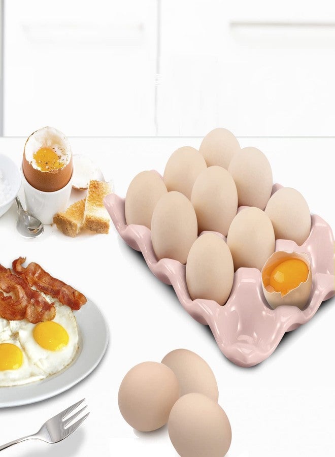 Flexzion Ceramic 12 Cups Egg Tray - Whole Dozen Porcelain Egg Holder Container Keeper Storage Organizer Decorative Serving Stand Serveware for Refrigerator Fridge Countertop Display Kitchen (Pink) - Image 3