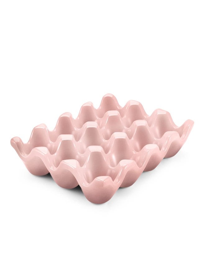 Flexzion Ceramic 12 Cups Egg Tray - Whole Dozen Porcelain Egg Holder Container Keeper Storage Organizer Decorative Serving Stand Serveware for Refrigerator Fridge Countertop Display Kitchen (Pink) - Image 1