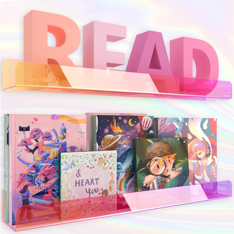 Rorkim 24 inches Iridescent Acrylic Bookshelf Wall Mounted Display for Kids Room Nursery Toddler Classroom 2 Packs