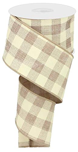 Plaid Check Wired Edge Ribbon  10 Yards Light Beige Ivory 25