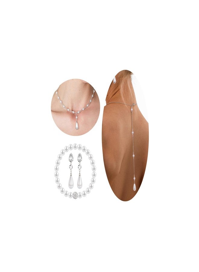 Raicegs Pearl Jewelry Set for Women Wedding Pearl Back Drop Chain Necklace Bracelet Earrings Set Bride Bridesmaid Dainty Jewelry Gift for Women Girl - Image 1