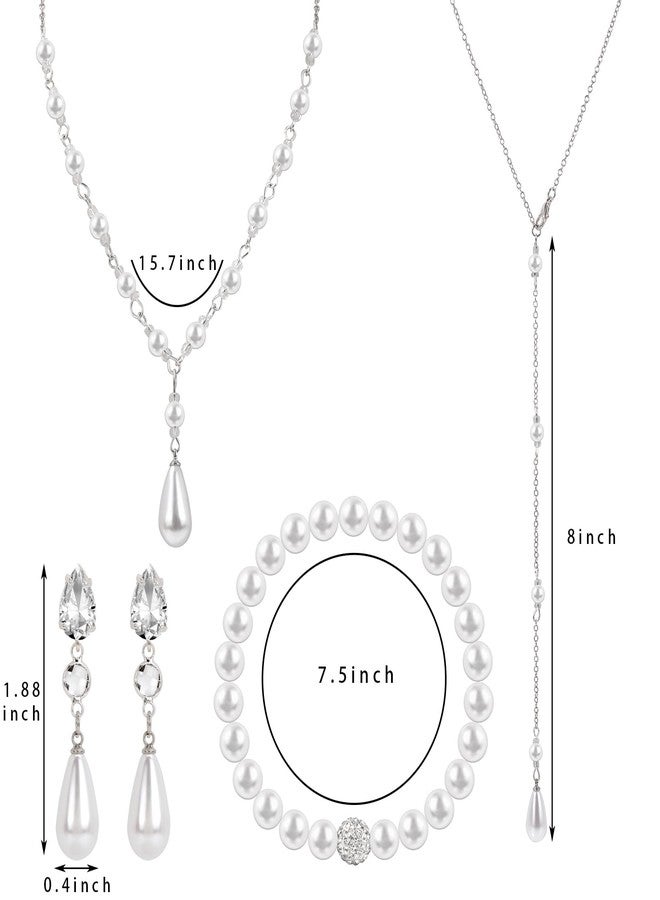 Raicegs Pearl Jewelry Set for Women Wedding Pearl Back Drop Chain Necklace Bracelet Earrings Set Bride Bridesmaid Dainty Jewelry Gift for Women Girl - Image 5