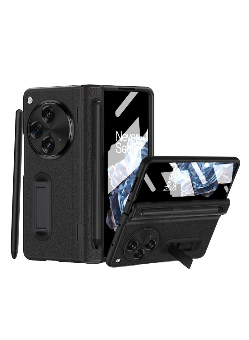 SYOSI Case for OnePlus Open 2023 with Stylus and Pen Holder, Luxury PU Leather One Plus Cover, with Hinge Protection, Built in Screen Protector, Kickstand, All Inclusive Design, Black - Image 1