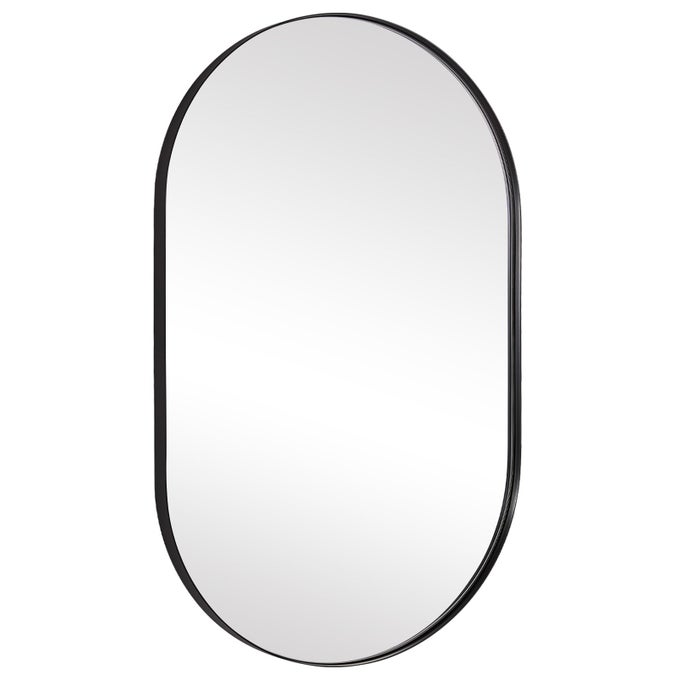 BLACK OVAL MIRROR 24X36 OVAL BLACK MIRROR IN STAINLESS STEEL METAL FRAME FOR BATHROOM ENTRYWAY LIVING ROOM CONTEMPORARY 1 DEEP SET DESIGN WALL MOUNT HANGS VERTICAL OR HORIZONTAL