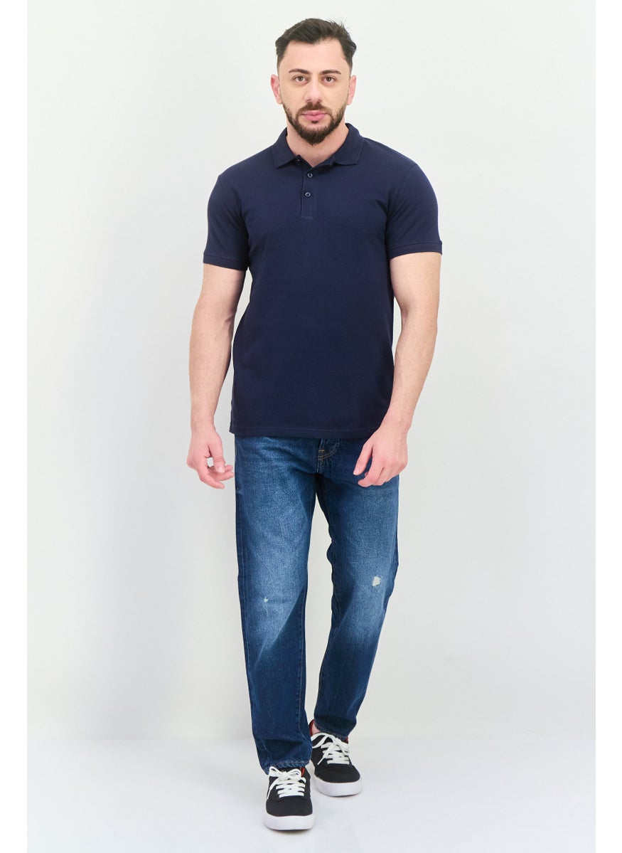 Peter Werth - Men Regular Fit Short Sleeves Textured Polo Shirt, Navy - Image 1