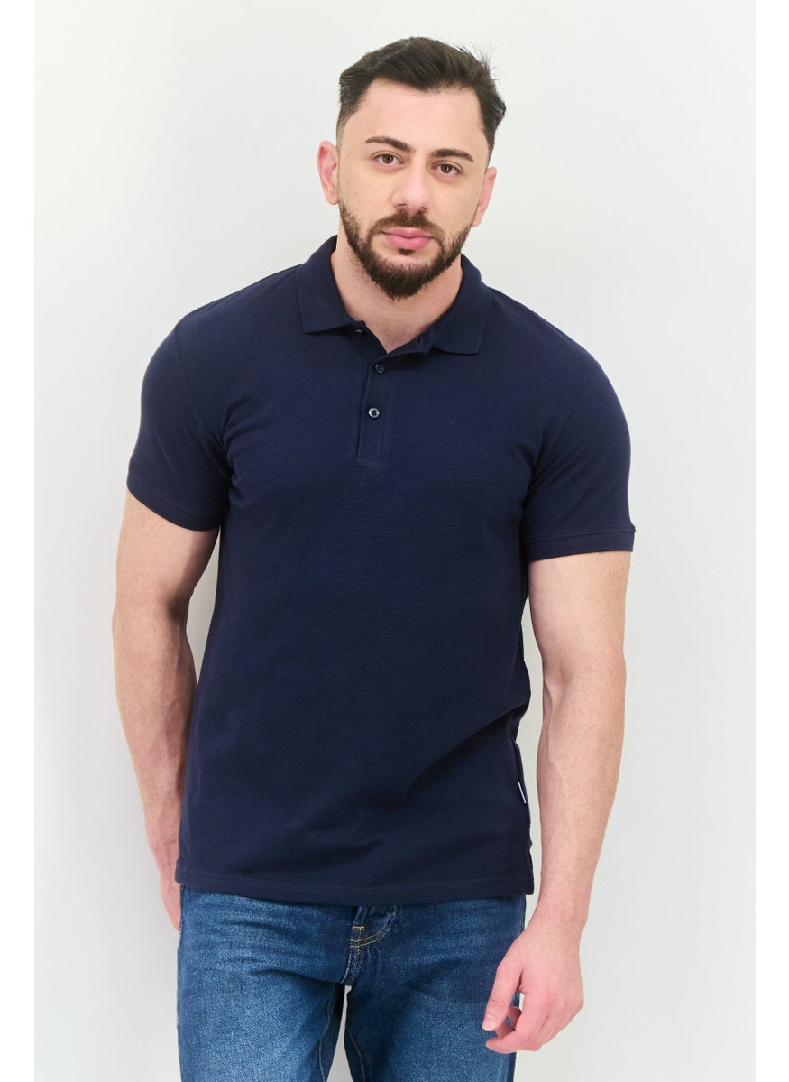 Peter Werth - Men Regular Fit Short Sleeves Textured Polo Shirt, Navy - Image 1