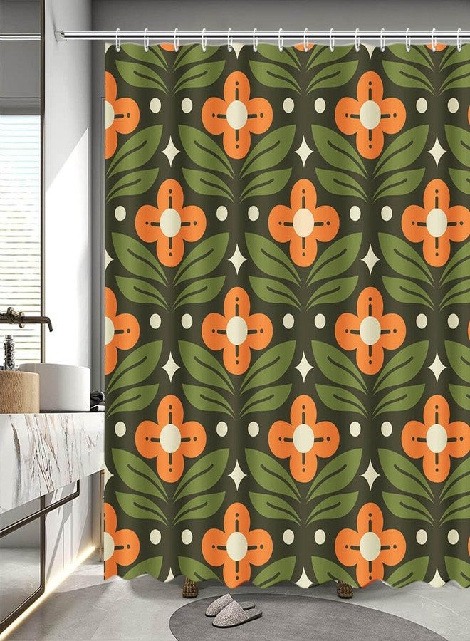 MEHOFOND Orange Floral Green Shower Curtain Vintage Mid Century Modern Abstract Geometric Bathroom Curtain Boho Retro Classic 1950S 1960S Home Bathtub Decor Fabric Waterproof Bath Curtain 72x72 Inch - Image 1