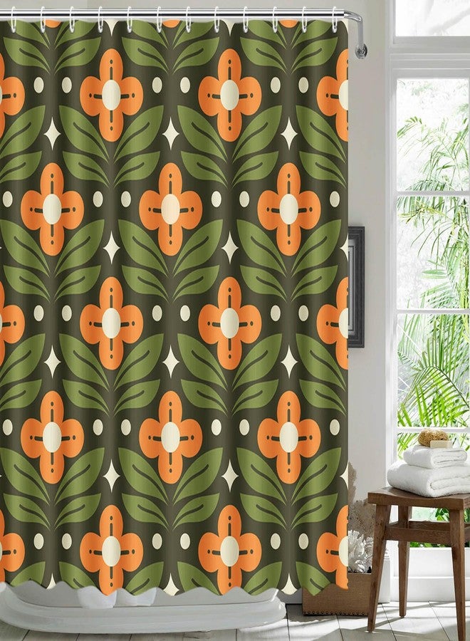 MEHOFOND Orange Floral Green Shower Curtain Vintage Mid Century Modern Abstract Geometric Bathroom Curtain Boho Retro Classic 1950S 1960S Home Bathtub Decor Fabric Waterproof Bath Curtain 72x72 Inch - Image 2