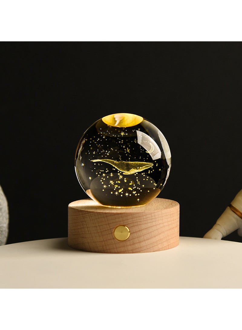 (Whale) 3D Glass Crystal Ball Night Light with Wooden Base Fantasy Decoration LED Night Light Bedroom Decoration - Image 1