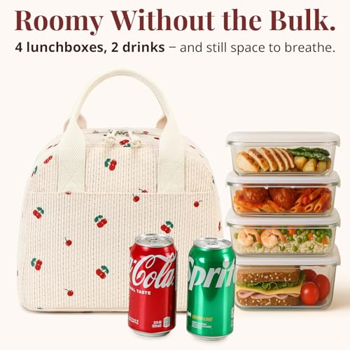 LOVELYWIND Insulated Cherry Lunch Bag for Women Stylish Corduroy Tote with Aluminum Lining Large Capacity Reusable Cooler for Work Travel Beach or Picnic Beige Cream WaterResistant Lunch Box - Image 3