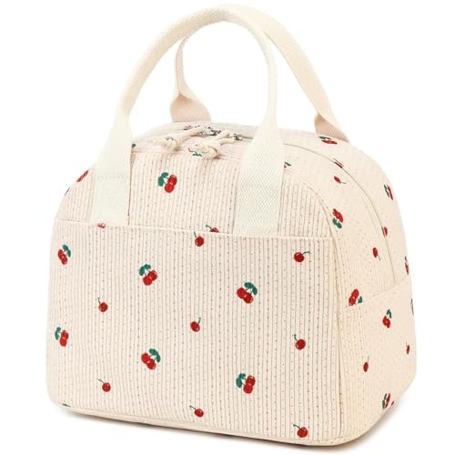 LOVELYWIND Insulated Cherry Lunch Bag for Women Stylish Corduroy Tote with Aluminum Lining Large Capacity Reusable Cooler for Work Travel Beach or Picnic Beige Cream WaterResistant Lunch Box - Image 1