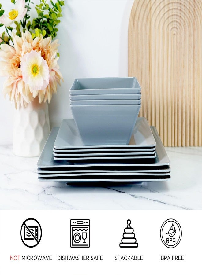 تي بي طقم عشاء TP مكون من 12 قطعة، طقم أطباق ميلامين مع أوعية وأطباق، طقم عشاء مربع غير قابل للكسر وخفيف الوزن لأربعة أشخاص، رمادي - Image 2