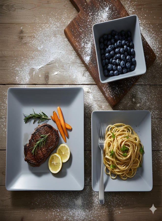 تي بي طقم عشاء TP مكون من 12 قطعة، طقم أطباق ميلامين مع أوعية وأطباق، طقم عشاء مربع غير قابل للكسر وخفيف الوزن لأربعة أشخاص، رمادي - Image 3