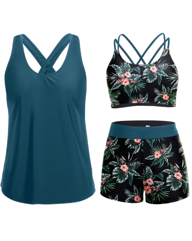 Holipick Green and Flower 3 Piece Tankini Swimsuits for Women Tummy Control Bathing Suits Swim Tank Top with Bra Boy Shorts Teen Swimwear S - Image 1