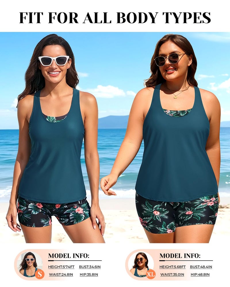 Holipick Green and Flower 3 Piece Tankini Swimsuits for Women Tummy Control Bathing Suits Swim Tank Top with Bra Boy Shorts Teen Swimwear S - Image 5