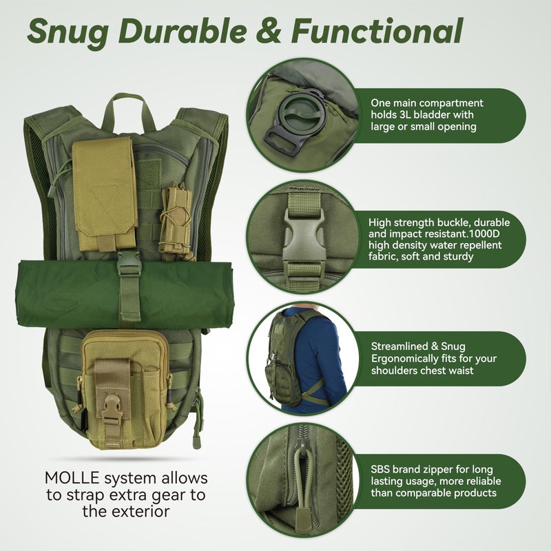 MARCHWAY Tactical Molle Hydration Pack Backpack with 3L TPU Water Bladder, Military Daypack for Cycling, Hiking, Running, Climbing, Hunting, Biking (Green) - Image 3