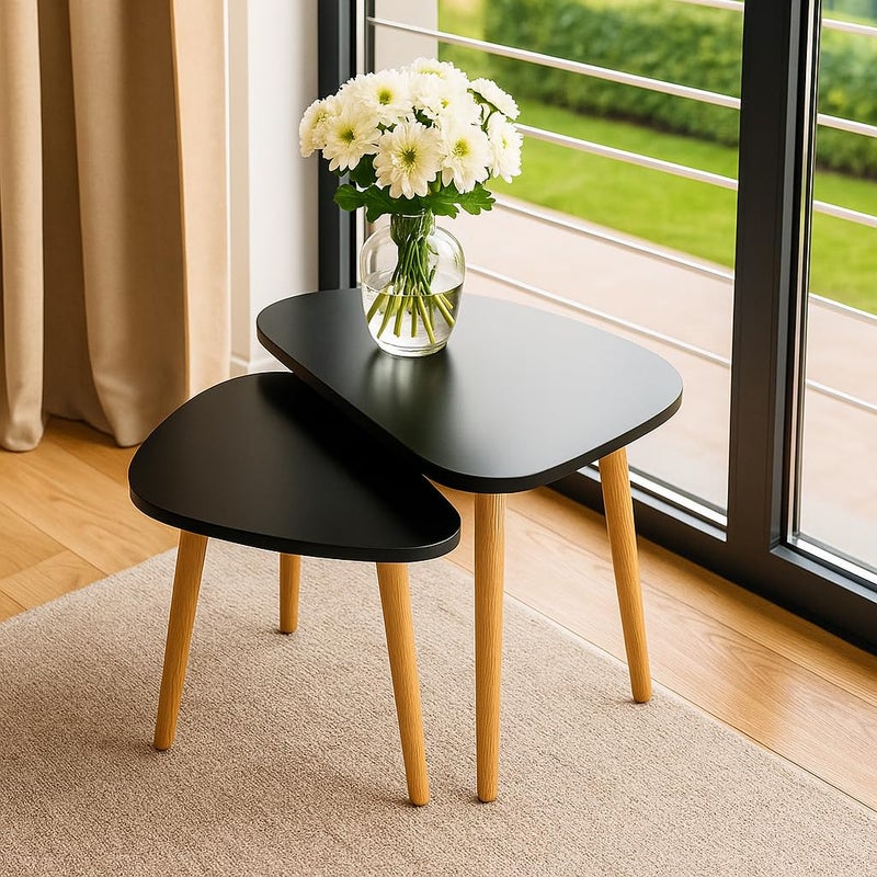 FENDI HOME FendiHome Modern Black Nesting Coffee Table Set – 2-Piece Minimalist Triangle Side Tables with Wooden Legs for Living Room, Bedroom, or Office – Space-Saving Scandinavian Style Furniture - Image 2