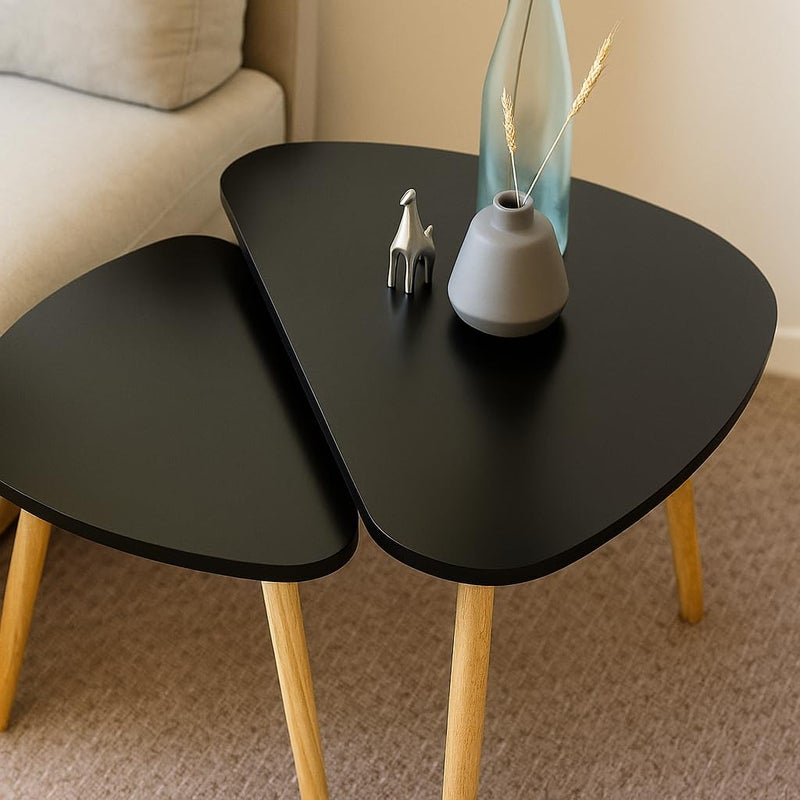 FENDI HOME FendiHome Modern Black Nesting Coffee Table Set – 2-Piece Minimalist Triangle Side Tables with Wooden Legs for Living Room, Bedroom, or Office – Space-Saving Scandinavian Style Furniture - Image 3