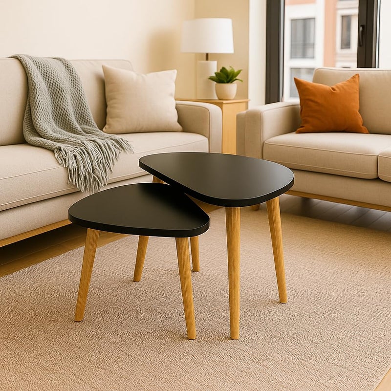 FENDI HOME FendiHome Modern Black Nesting Coffee Table Set – 2-Piece Minimalist Triangle Side Tables with Wooden Legs for Living Room, Bedroom, or Office – Space-Saving Scandinavian Style Furniture - Image 4