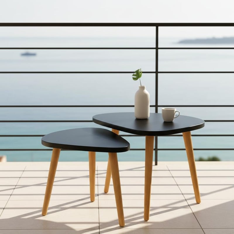 FENDI HOME FendiHome Modern Black Nesting Coffee Table Set – 2-Piece Minimalist Triangle Side Tables with Wooden Legs for Living Room, Bedroom, or Office – Space-Saving Scandinavian Style Furniture - Image 1