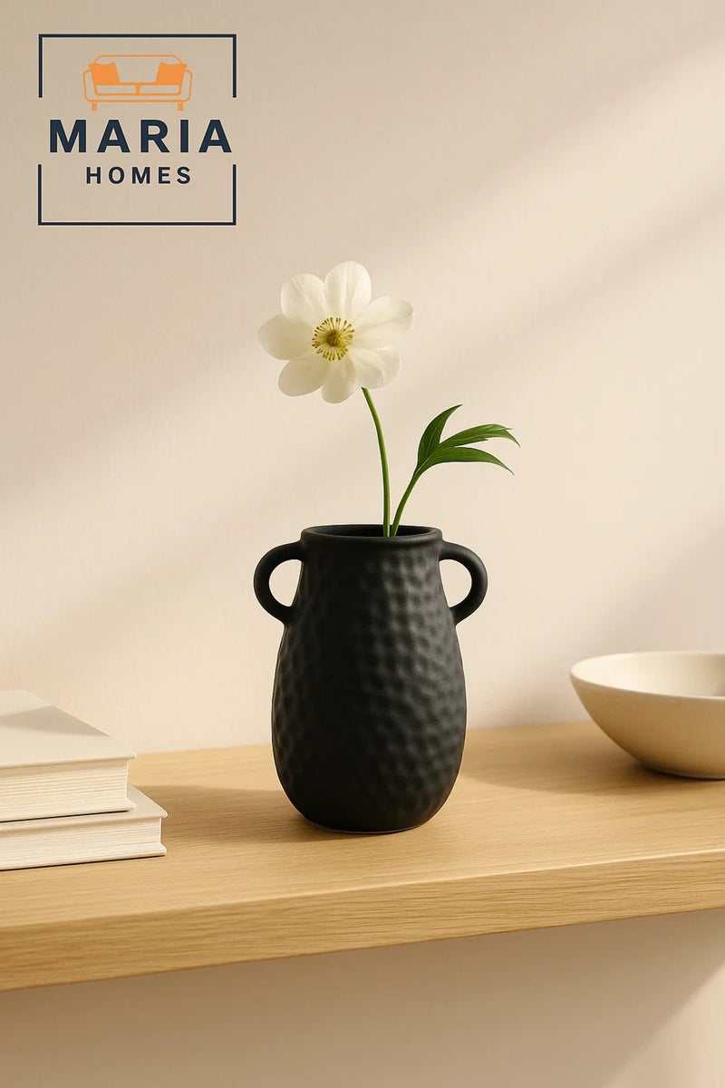 ماريا هومز مزهرية سوداء حديثة – مزهرية خزفية ذات ملمس مع مقابض لديكور المنزل - Image 1