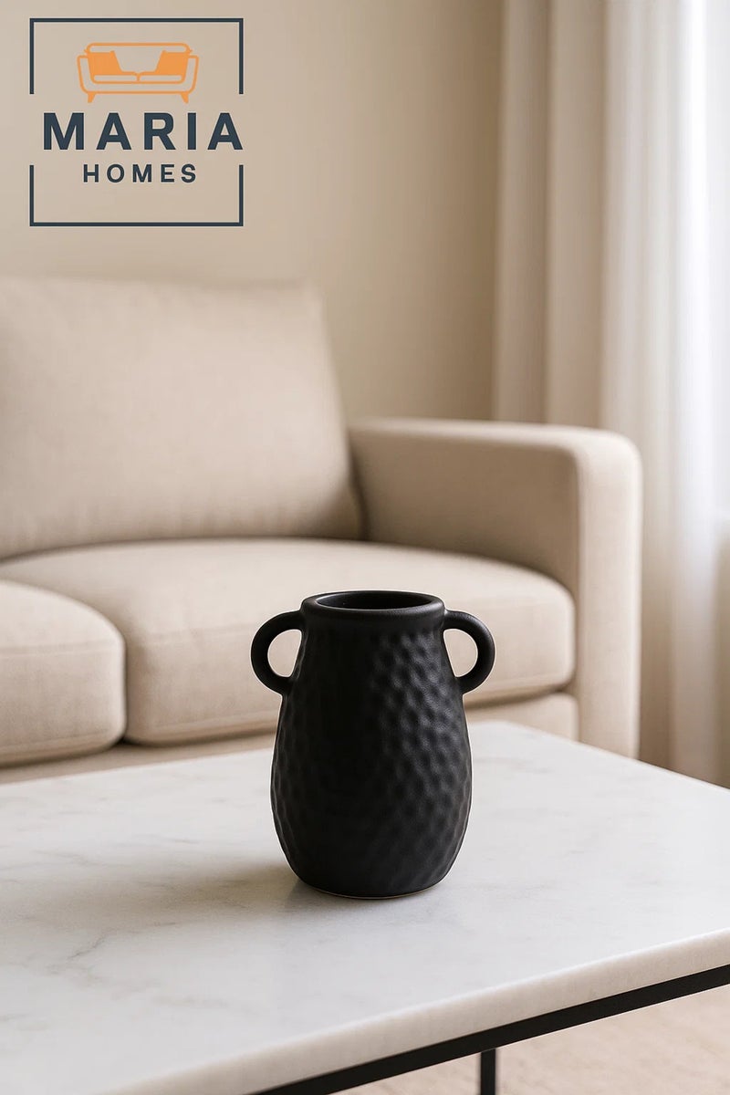 ماريا هومز مزهرية سوداء حديثة – مزهرية خزفية ذات ملمس مع مقابض لديكور المنزل - Image 2