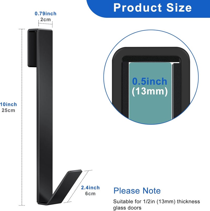 Fumax Shower Door Hooks 10 in, Heavy Duty Drilling-Free Extended Towel Hooks for Bathroom Frameless Glass Door, Over The Door Hooks 3 Packs Black - Image 4
