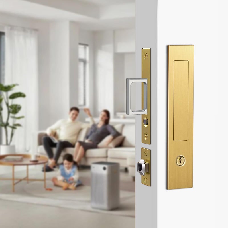 Eegoowa Pocket Door Locks Edge pulls Hidden Handles Pocket Door Locks with Keys Pocket Door Hardware Sliding Door Hardware for Doors 1 513 to 2 28 Thick Golden Key Type - Image 2
