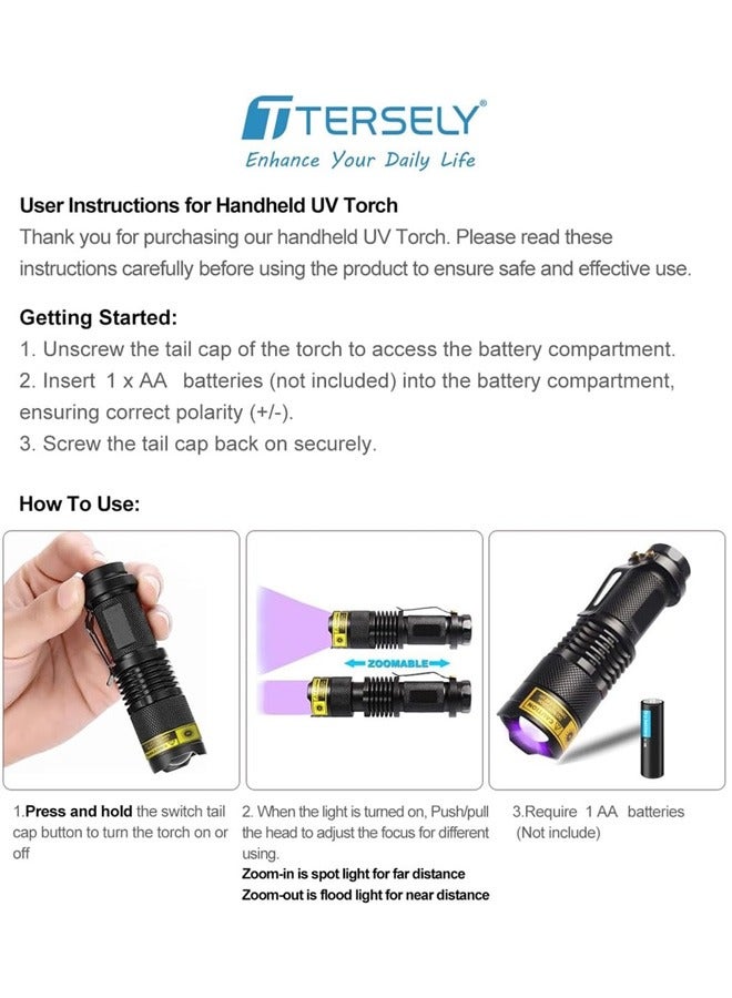 Tersely UV Torch,T Tersely UV Light Ultraviolet LED Flashlight Blacklight Portable Flashlight 395nm LED Black Light Mini Flashlights Zoomable with Clip SK68(AA Batteries Not Included)  - Image 5